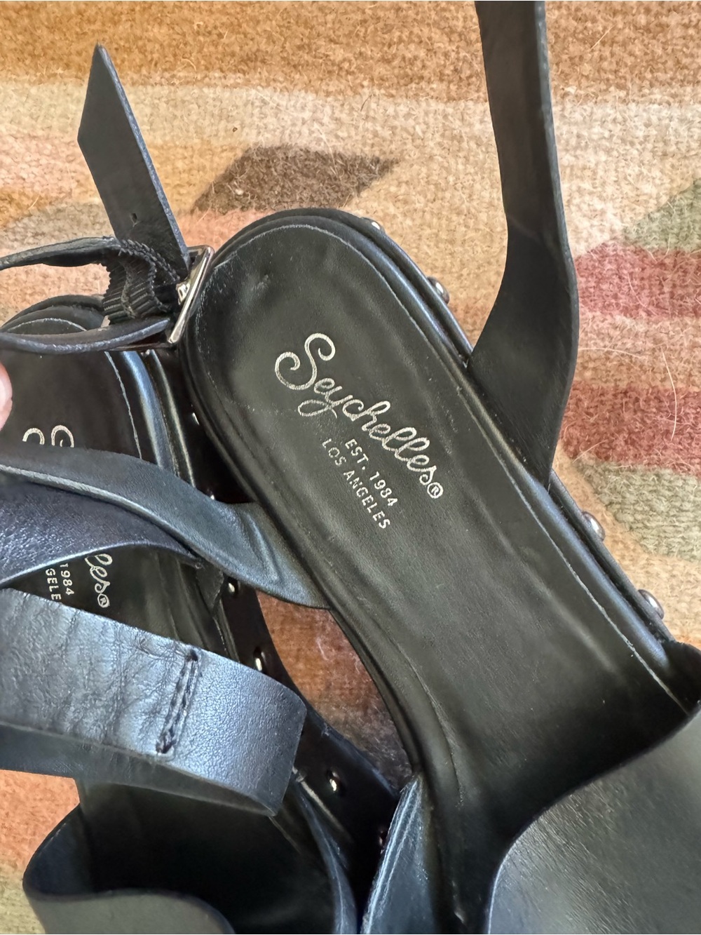 Seychelles Black Leather Platform Ankle-Strap Sandals - Picture 2 of 9